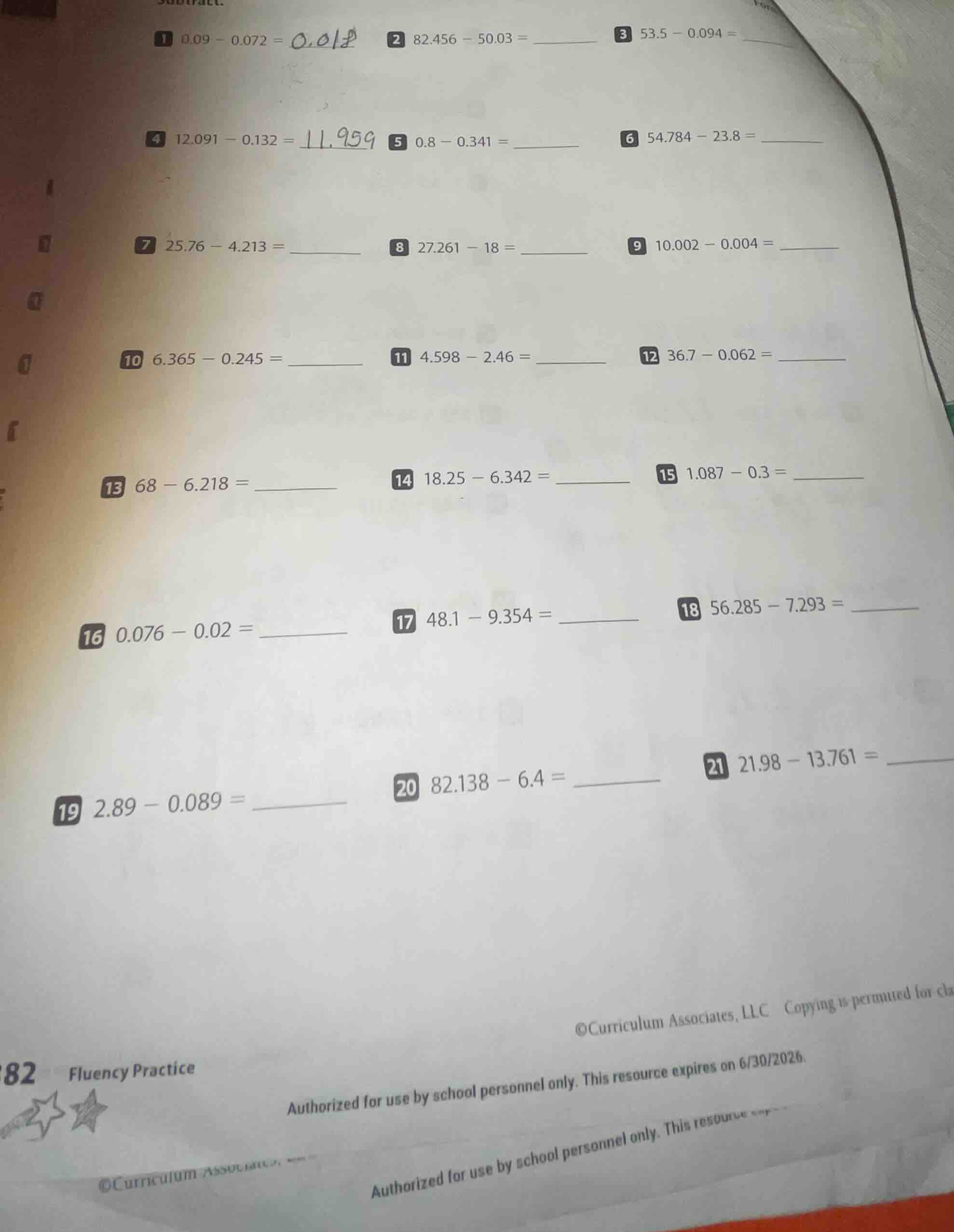 1 0.09 - 0.072 = 2 82.456 - 50.03 = ______ 3 53.5 - 0.094 = ______ 4 12…