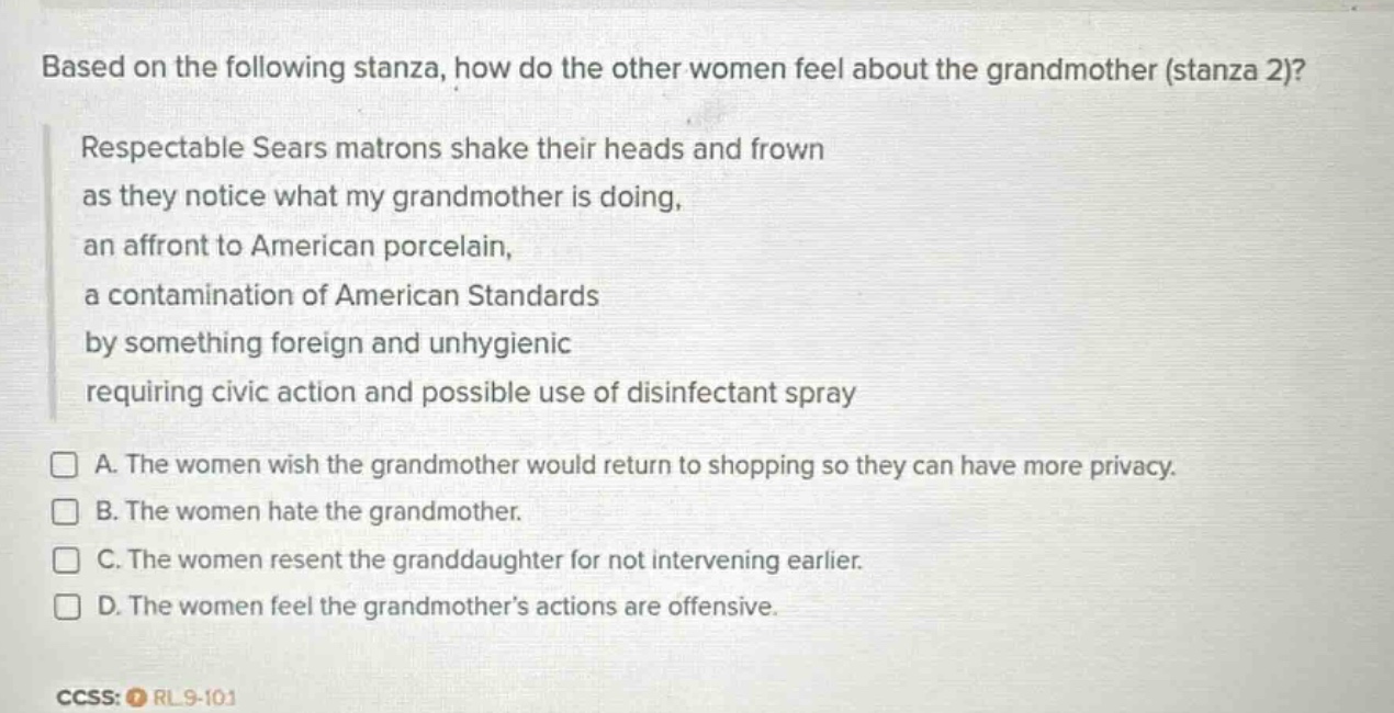 based on the following stanza, how do the other women feel about the gr…