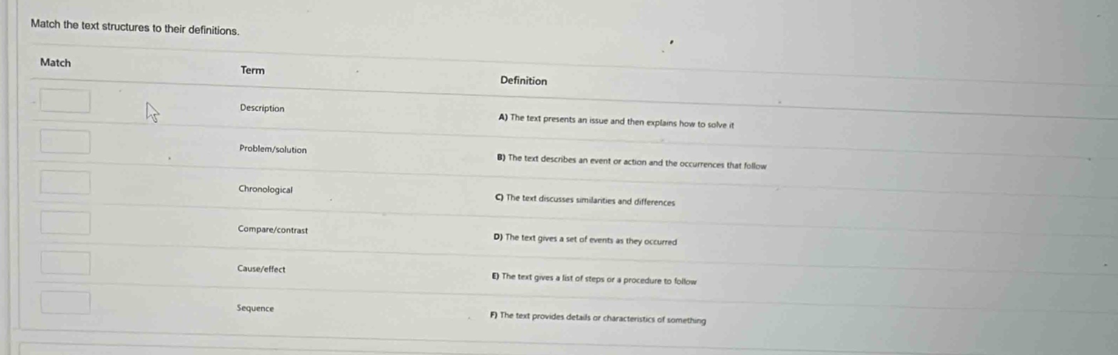 match the text structures to their definitions. match\tterm\tdefinition…