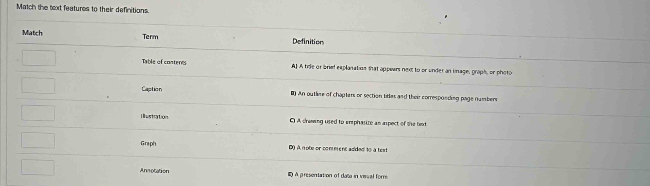 match the text features to their definitions. match term definition tab…