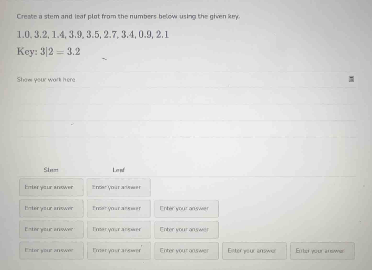 create a stem and leaf plot from the numbers below using the given key.…