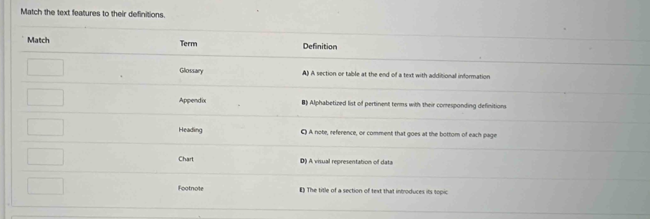 match the text features to their definitions. match\tterm\tdefinition \…