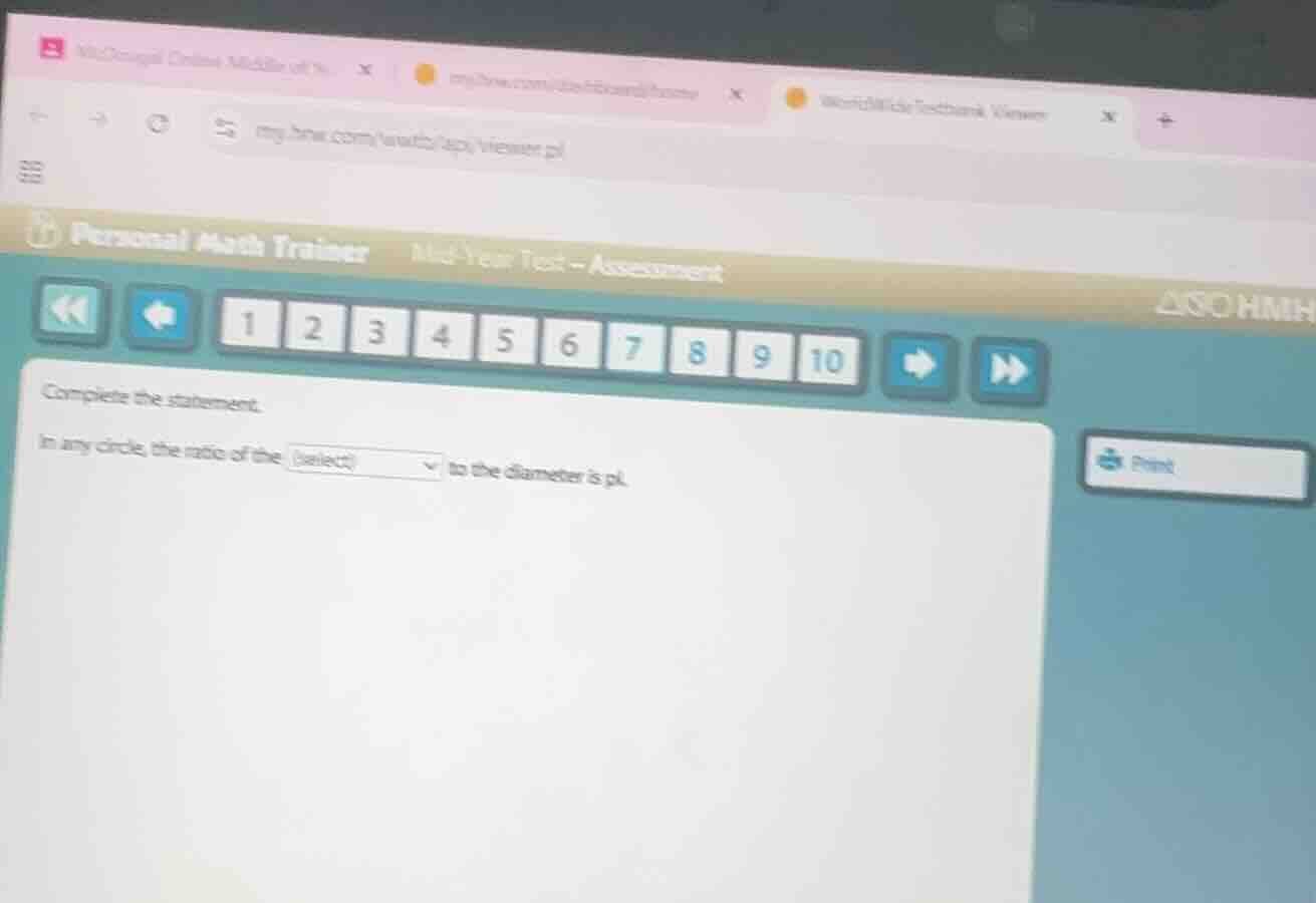 complete the statement. in any circle, the ratio of the (select) to the…