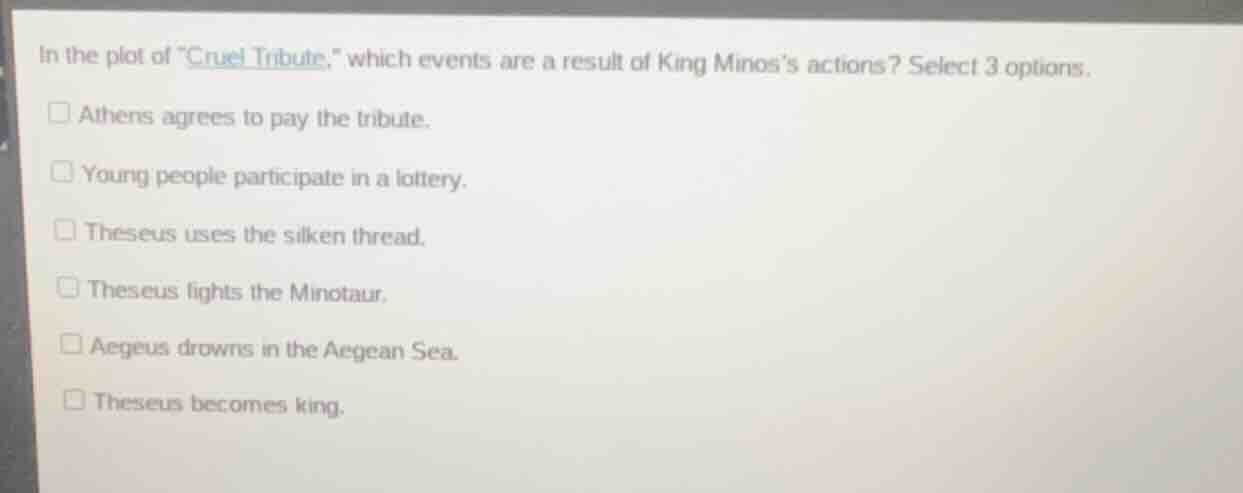 in the plot of \cruel tribute,\ which events are a result of king minos…