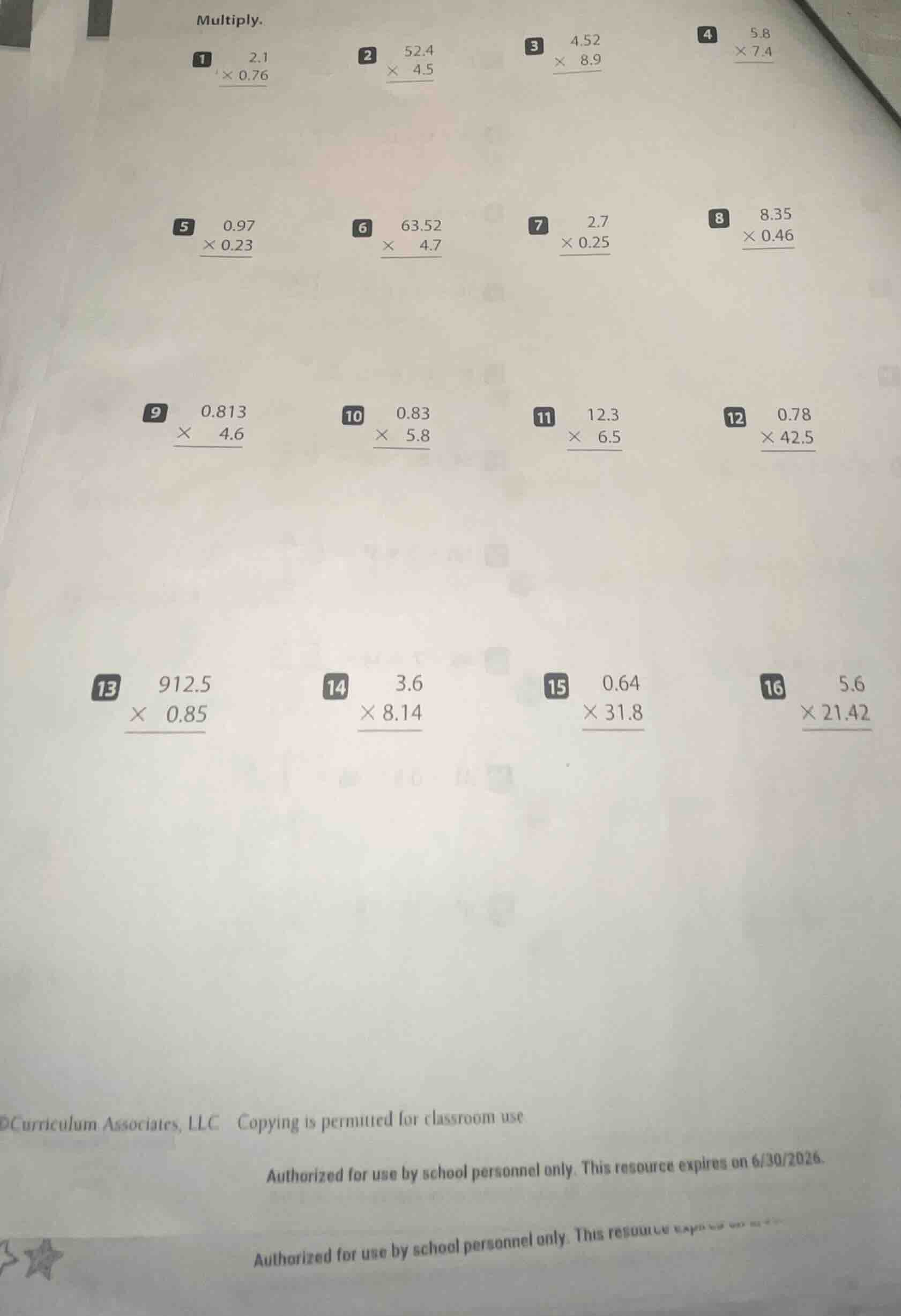 multiply. 1. $\begin{array}{r}2.1\\\times0.76\\hlineend{array}$ 2. $\be…