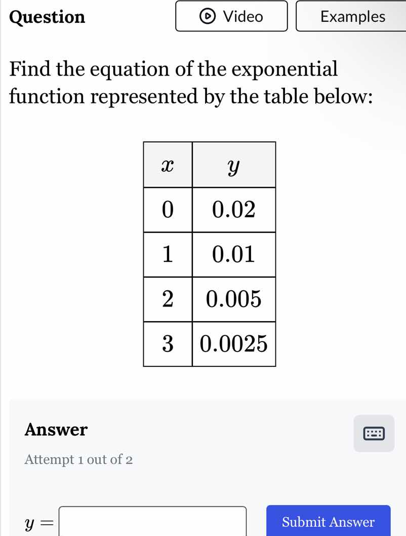 find the equation of the exponential function represented by the table …