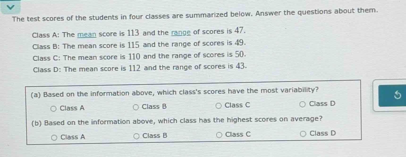 the test scores of the students in four classes are summarized below. a…