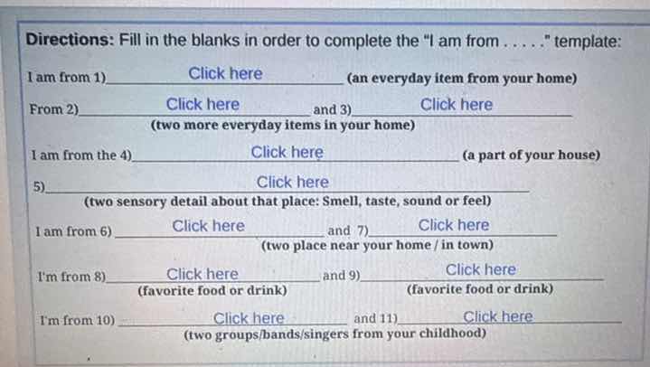 directions: fill in the blanks in order to complete the \i am from.....…
