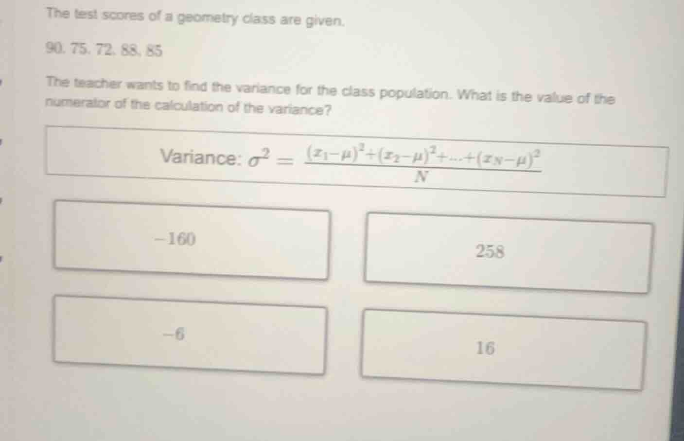 the test scores of a geometry class are given. 90, 75, 72, 88, 85 the t…