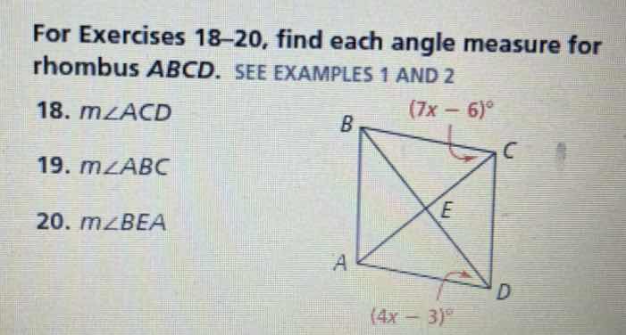 for exercises 18–20, find each angle measure for rhombus (abcd). see ex…