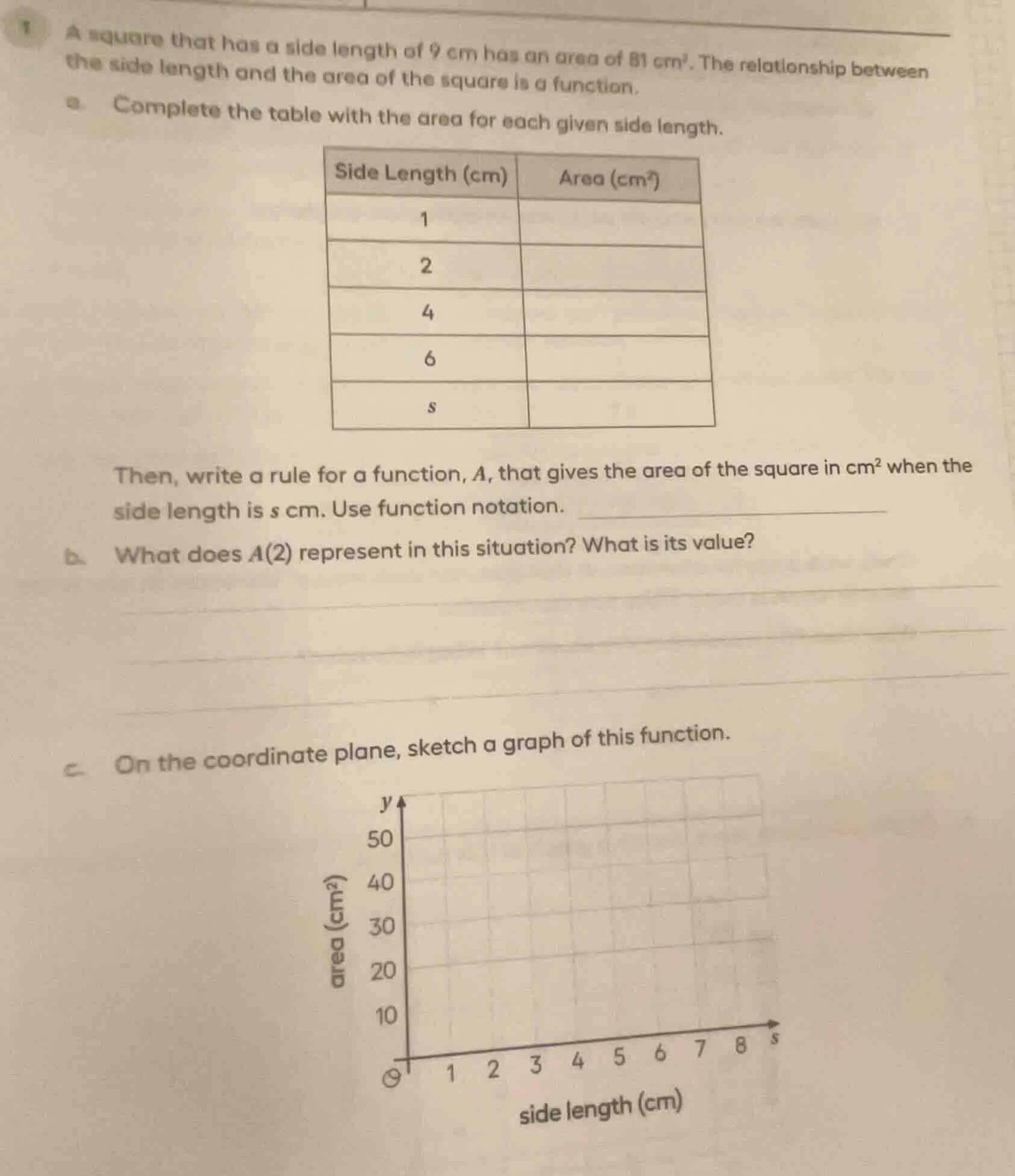 a square that has a side length of 9 cm has an area of 81 cm². the rela…