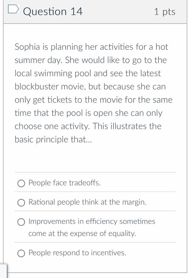question 14 1 pts sophia is planning her activities for a hot summer da…