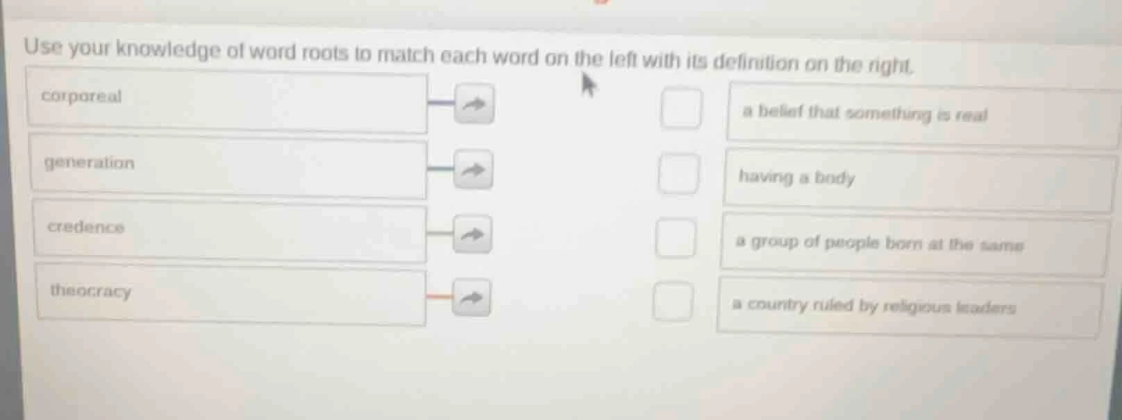 use your knowledge of word roots to match each word on the left with it…