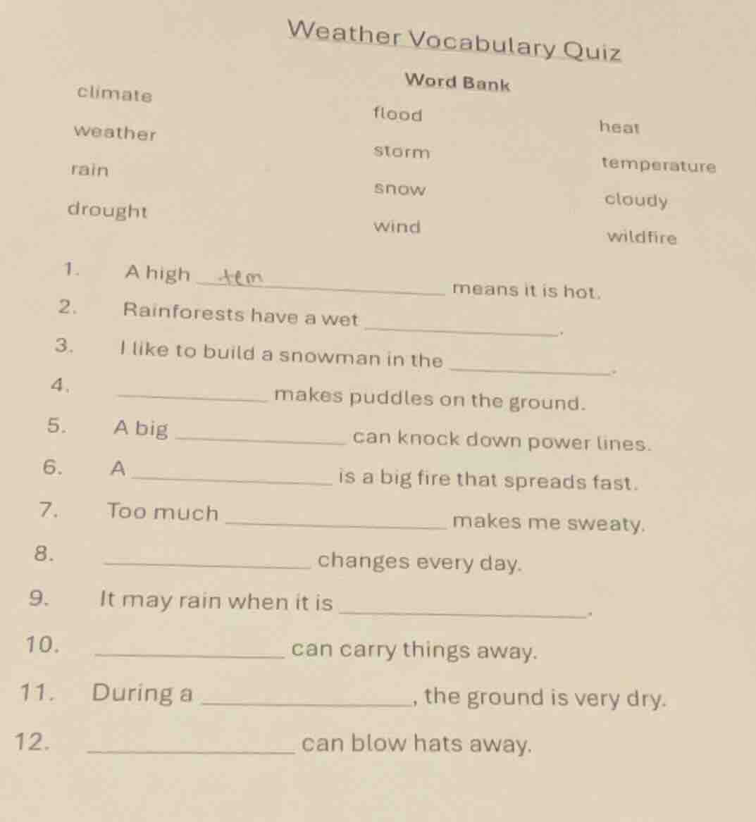 weather vocabulary quiz word bank flood heat storm temperature snow clo…