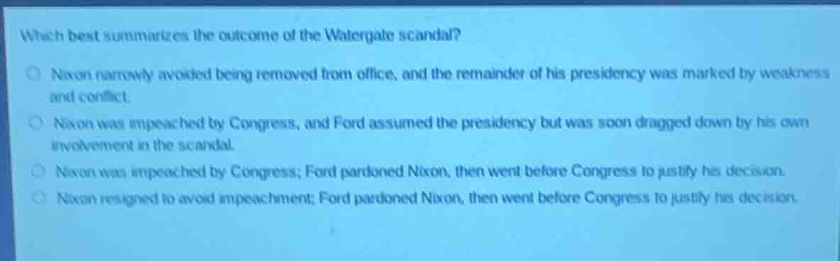 which best summarizes the outcome of the watergate scandal? - nixon nar…