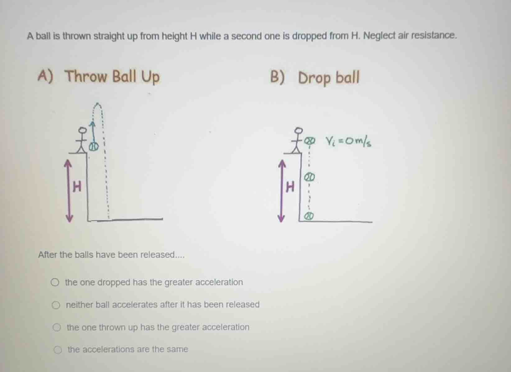 a ball is thrown straight up from height h while a second one is droppe…