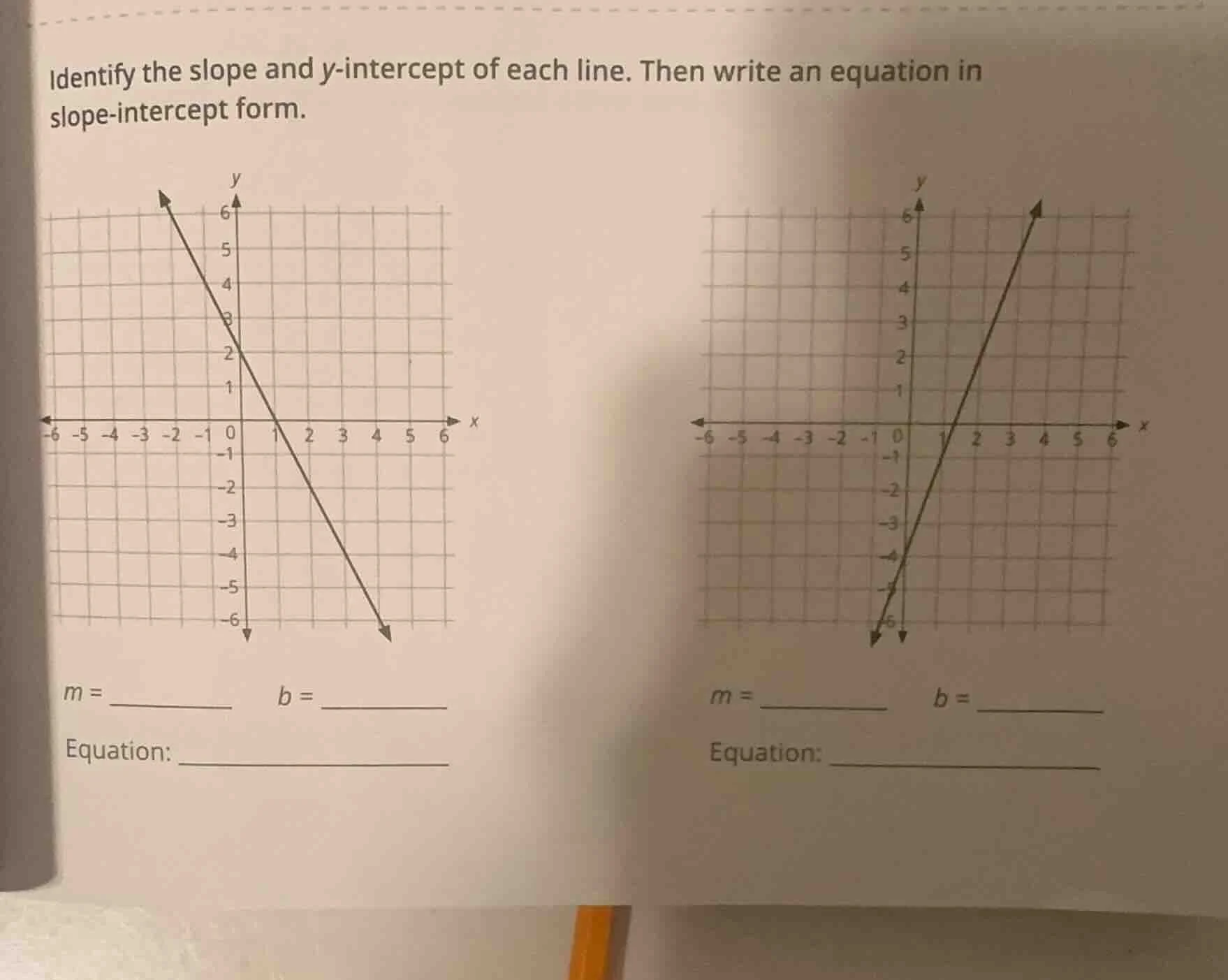 identify the slope and y-intercept of each line. then write an equation…