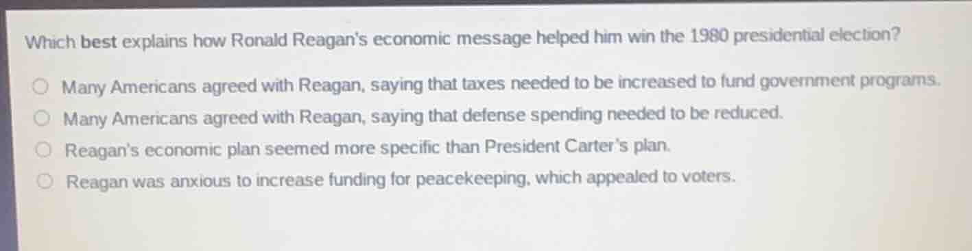which best explains how ronald reagan’s economic message helped him win…
