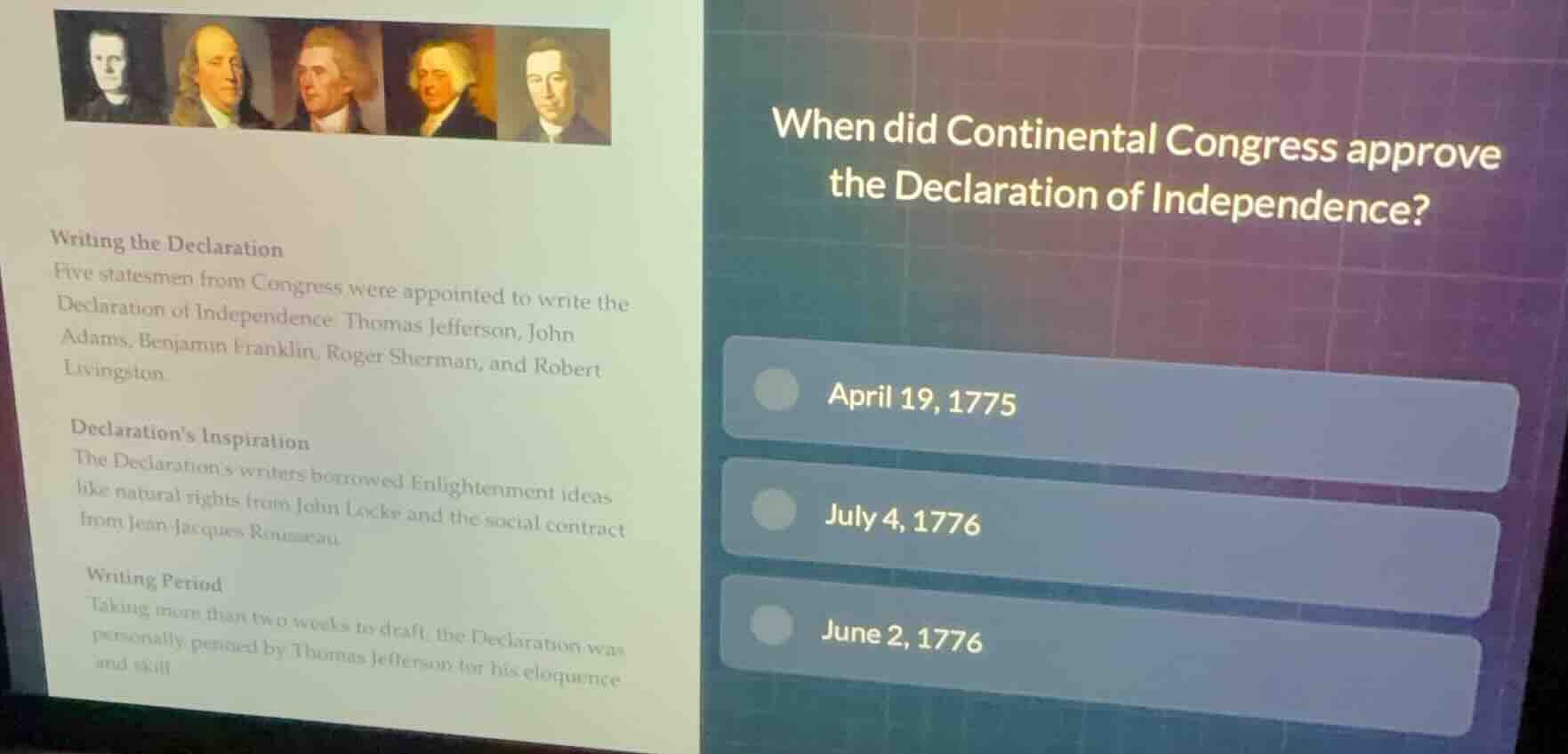 writing the declaration five statesmen from congress were appointed to …