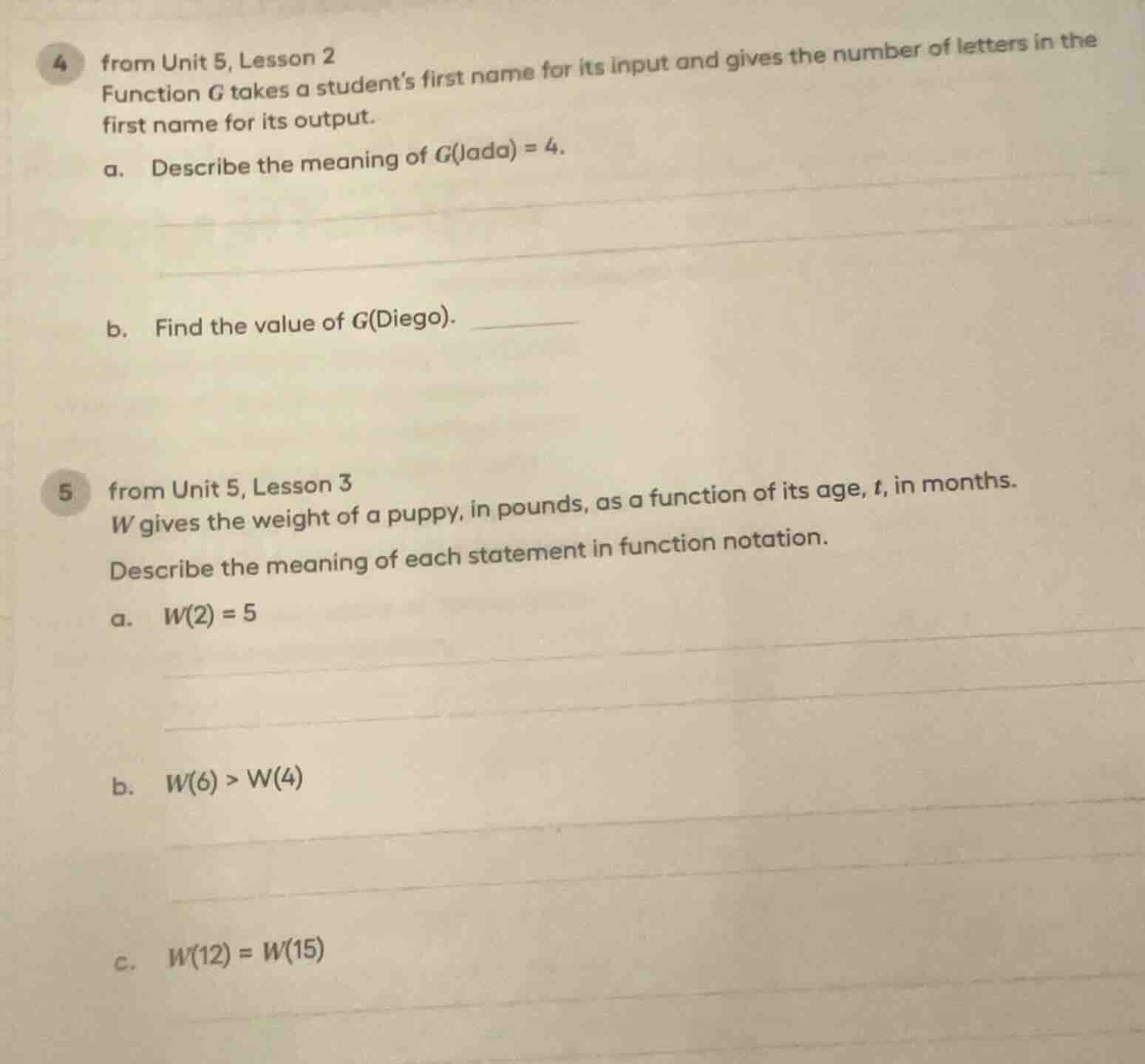 4 from unit 5, lesson 2 function g takes a students first name for its …