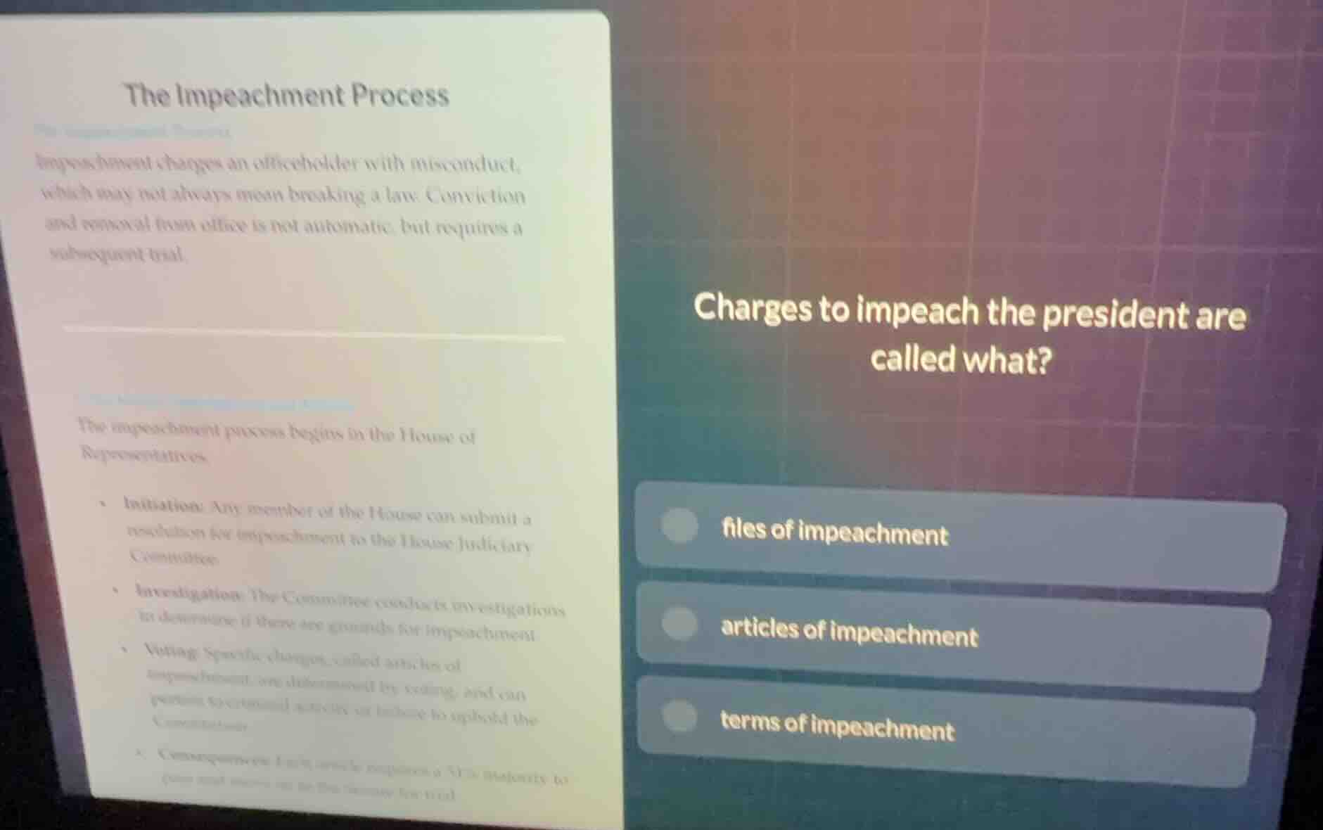 the impeachment process impeachment charges an officeholder with miscon…