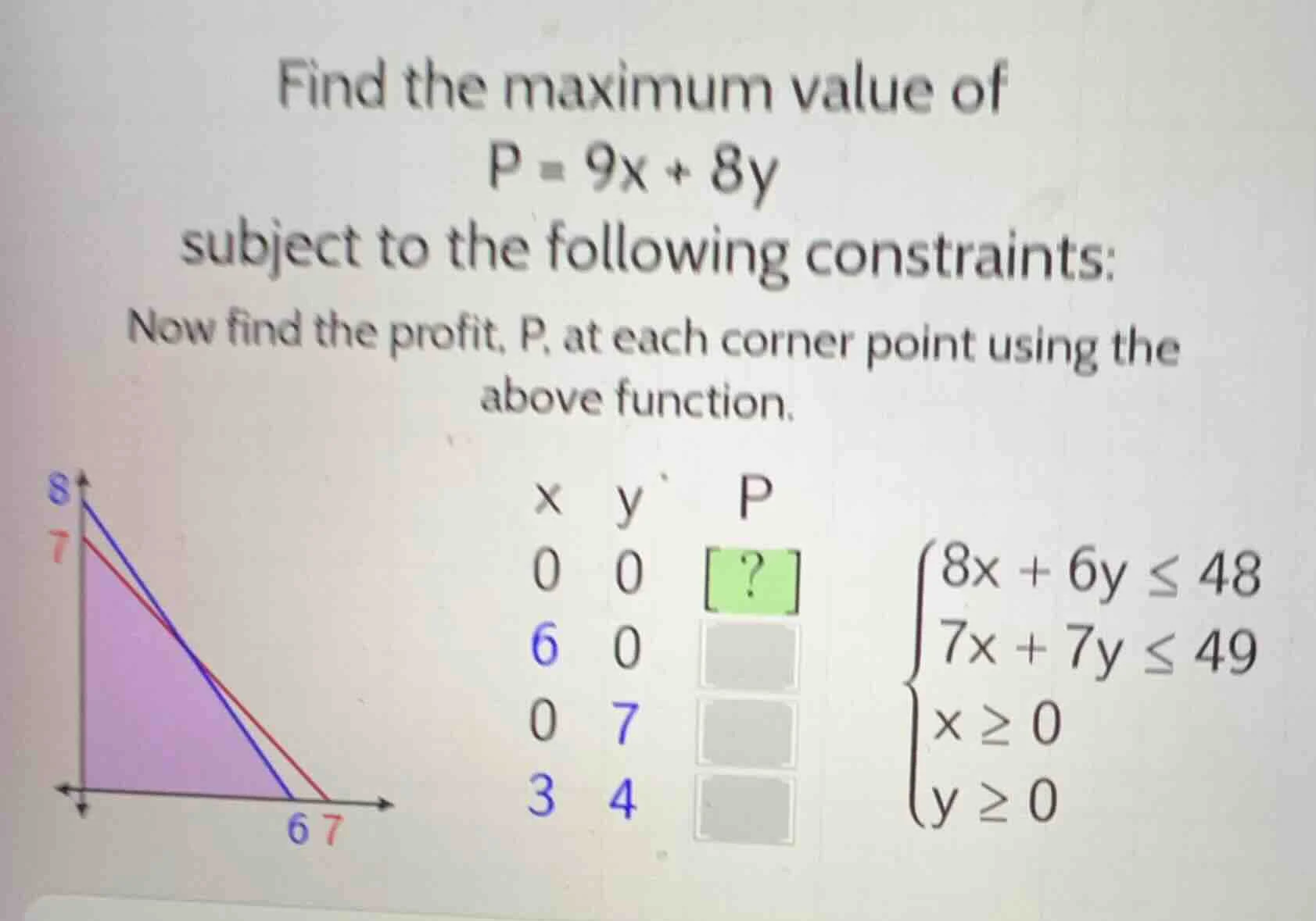 find the maximum value of p = 9x + 8y subject to the following constrai…