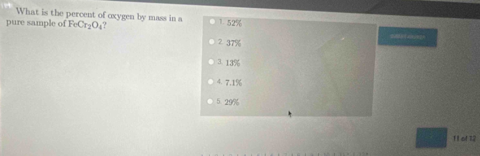 what is the percent of oxygen by mass in a pure sample of fecr₂o₄? 1. 5…