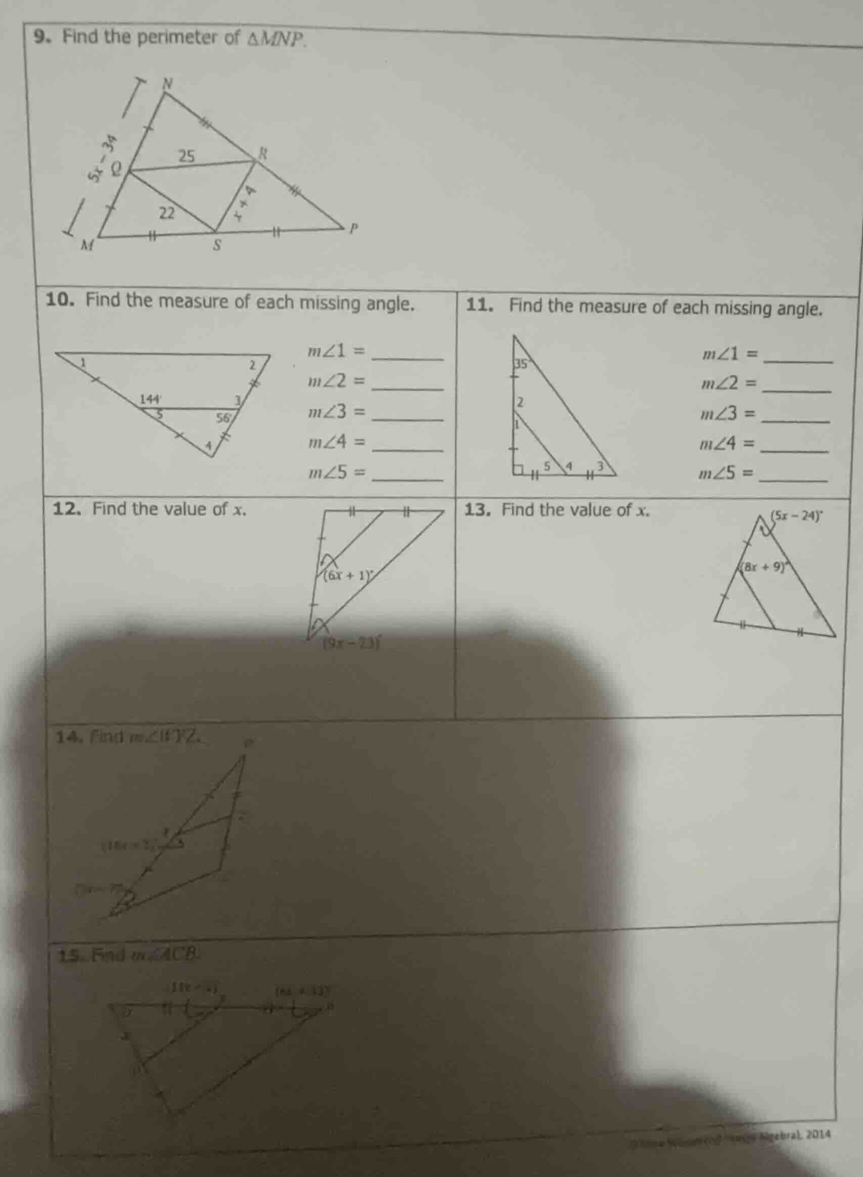 9. find the perimeter of $\\triangle mnp$. 10. find the measure of each…