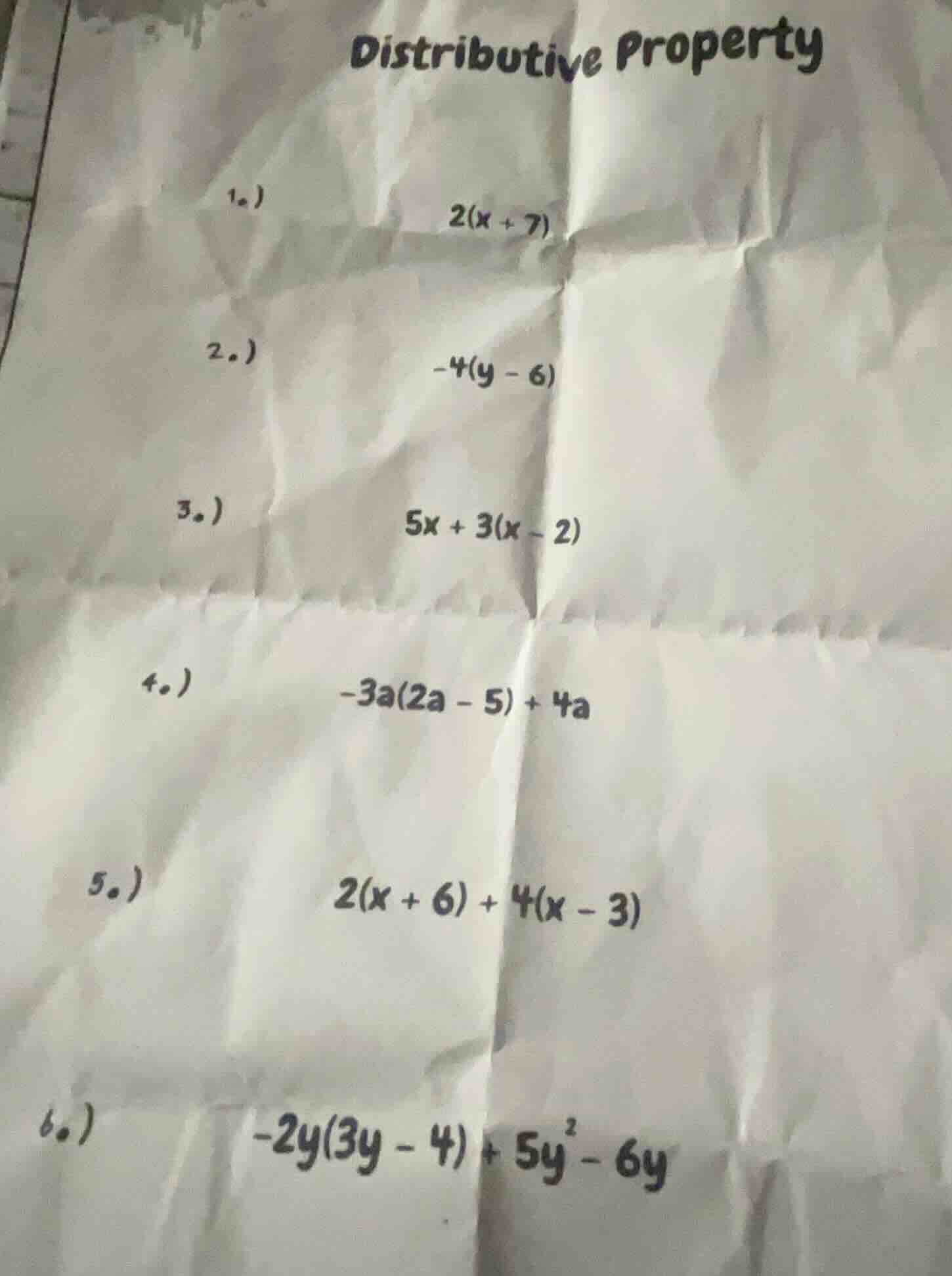 distributive property 1.) 2(x + 7) 2.) -4(y - 6) 3.) 5x + 3(x - 2) 4.) …