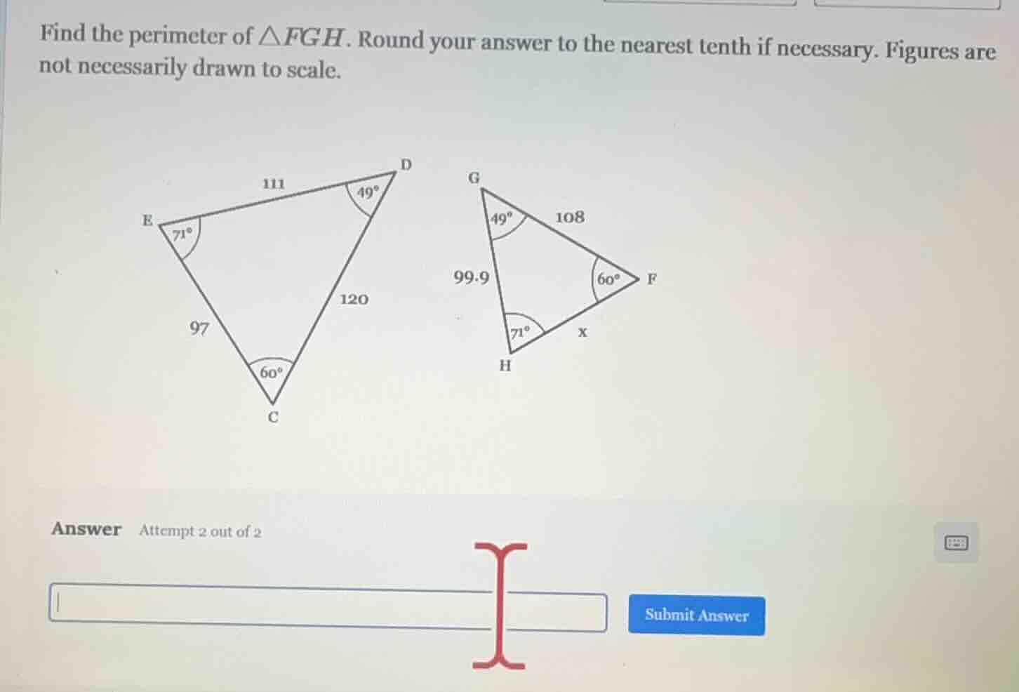 find the perimeter of $\\triangle fgh$. round your answer to the neares…