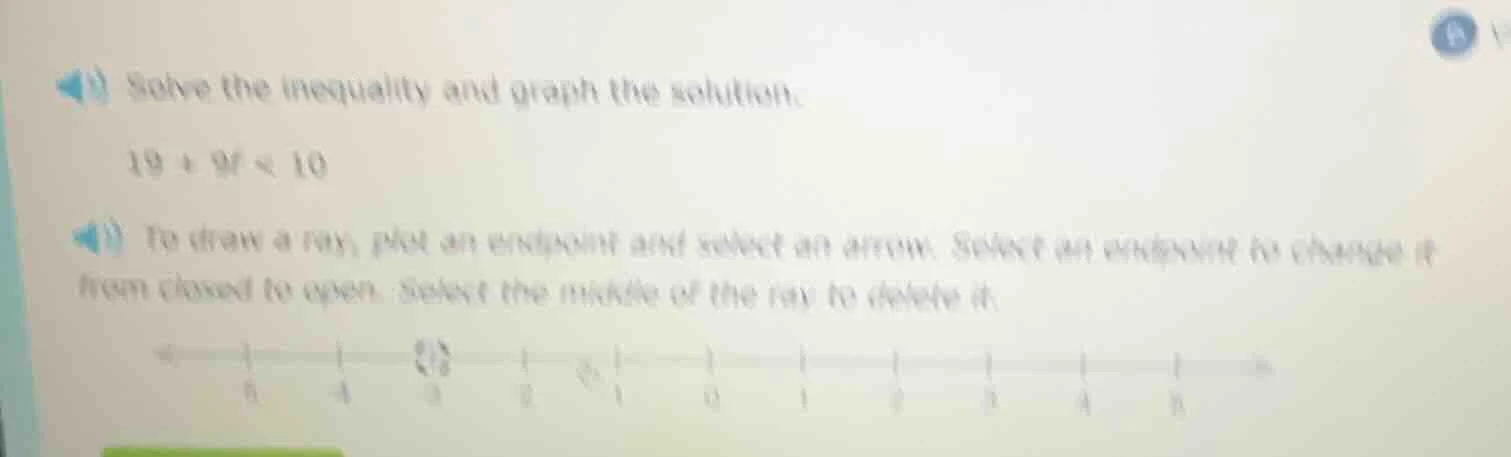 solve the inequality and graph the solution. 19 + 9f < 10 to draw a ray…