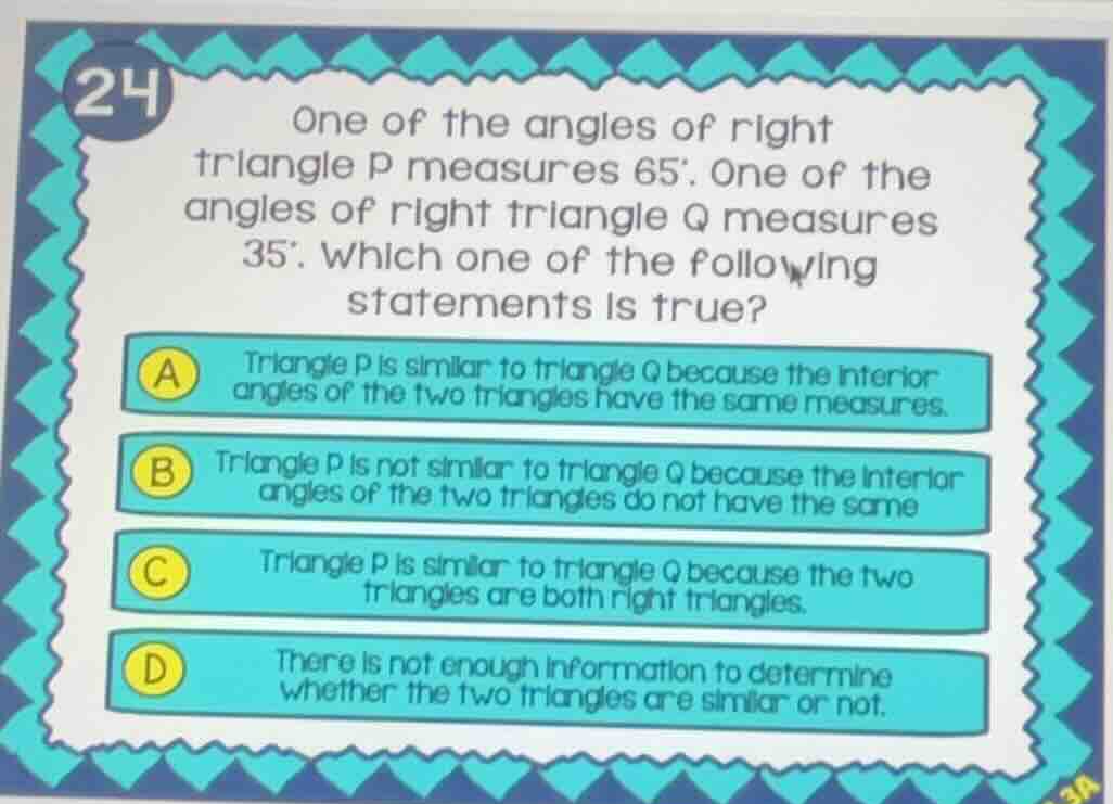 24 one of the angles of right triangle p measures 65°. one of the angle…