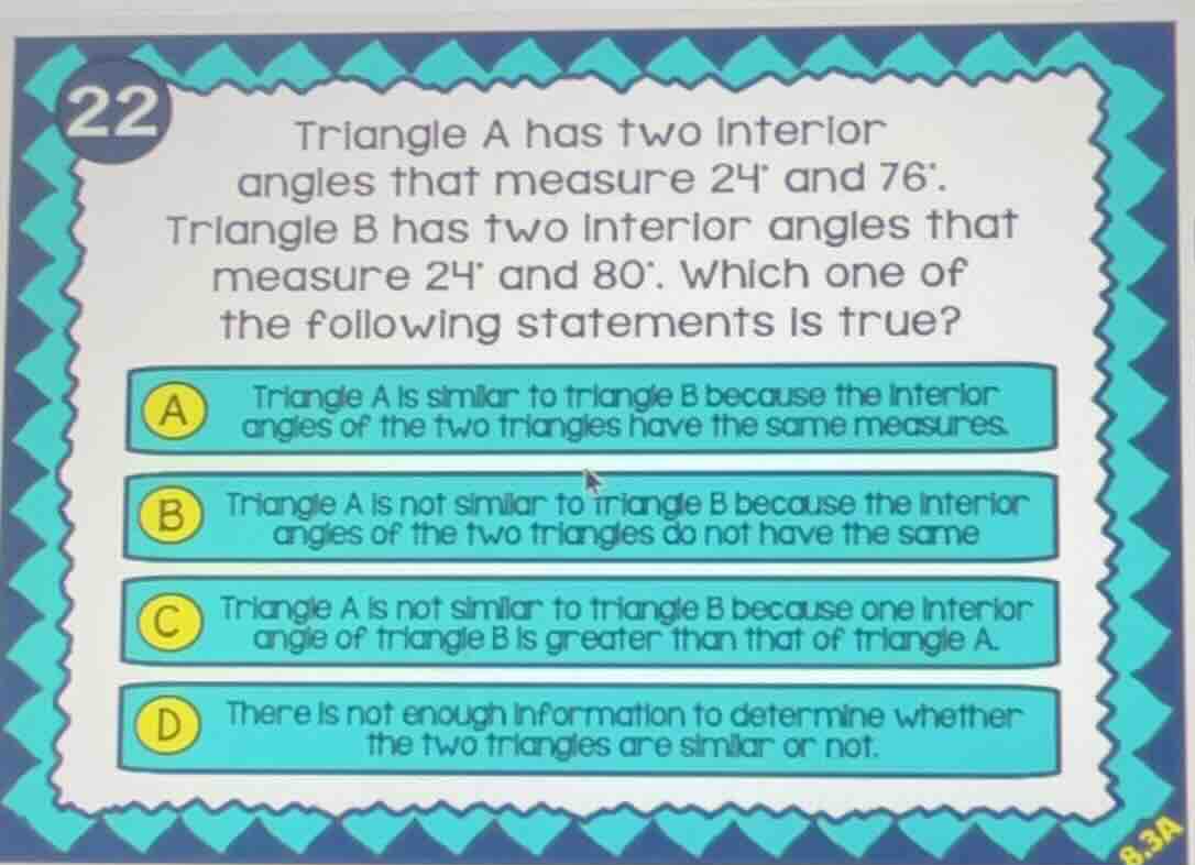 22 triangle a has two interior angles that measure 24° and 76°. triangl…