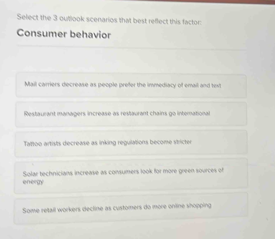 select the 3 outlook scenarios that best reflect this factor: consumer …