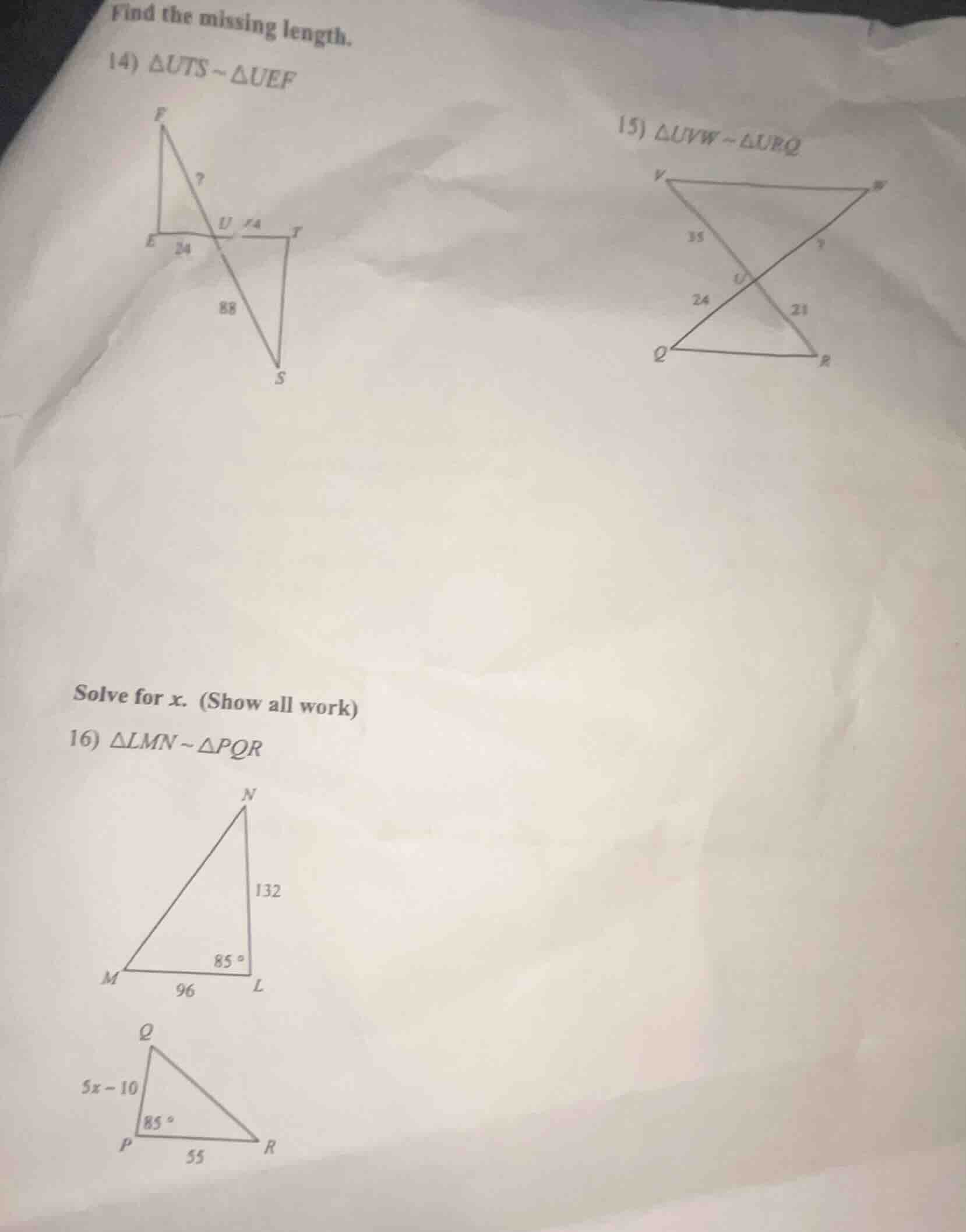 find the missing length. 14) $\\triangle uts \\sim \\triangle uef$ 15) …