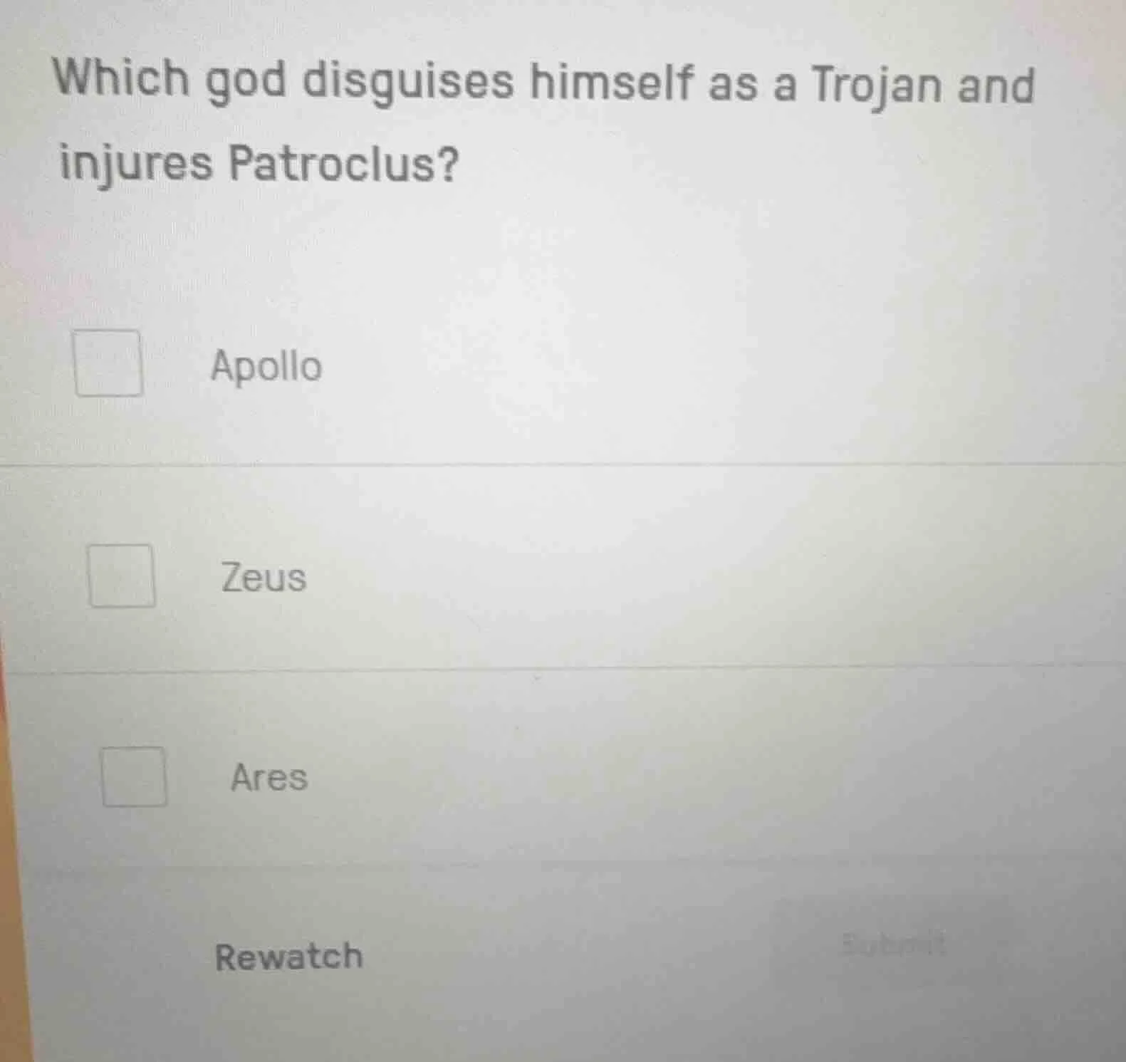 which god disguises himself as a trojan and injures patroclus? apollo z…