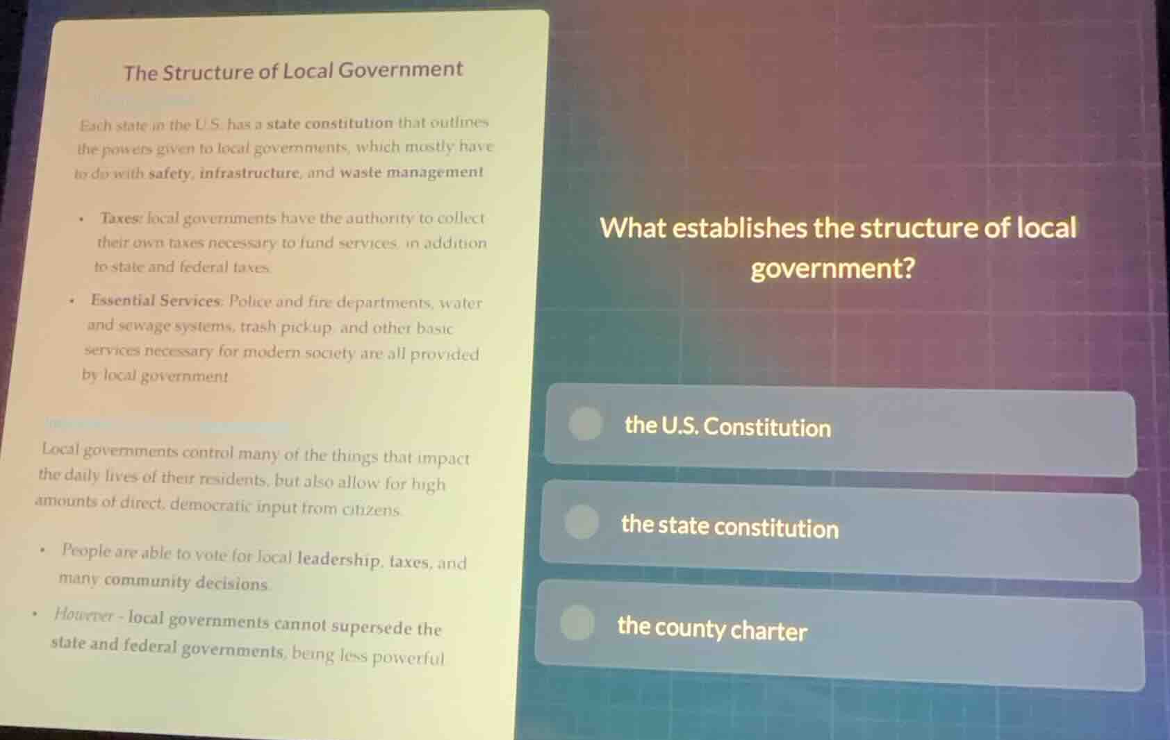the structure of local government each state in the u.s. has a state co…