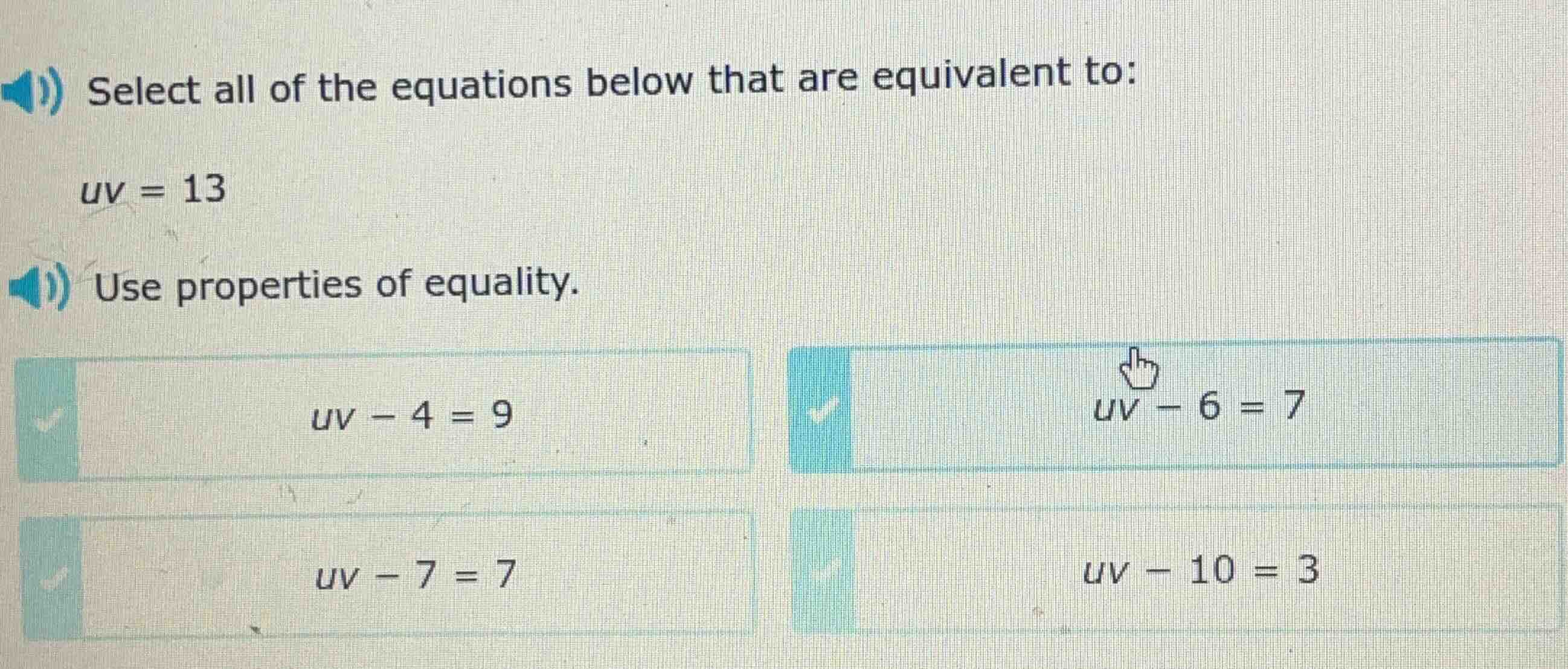 select all of the equations below that are equivalent to: $uv = 13$ use…