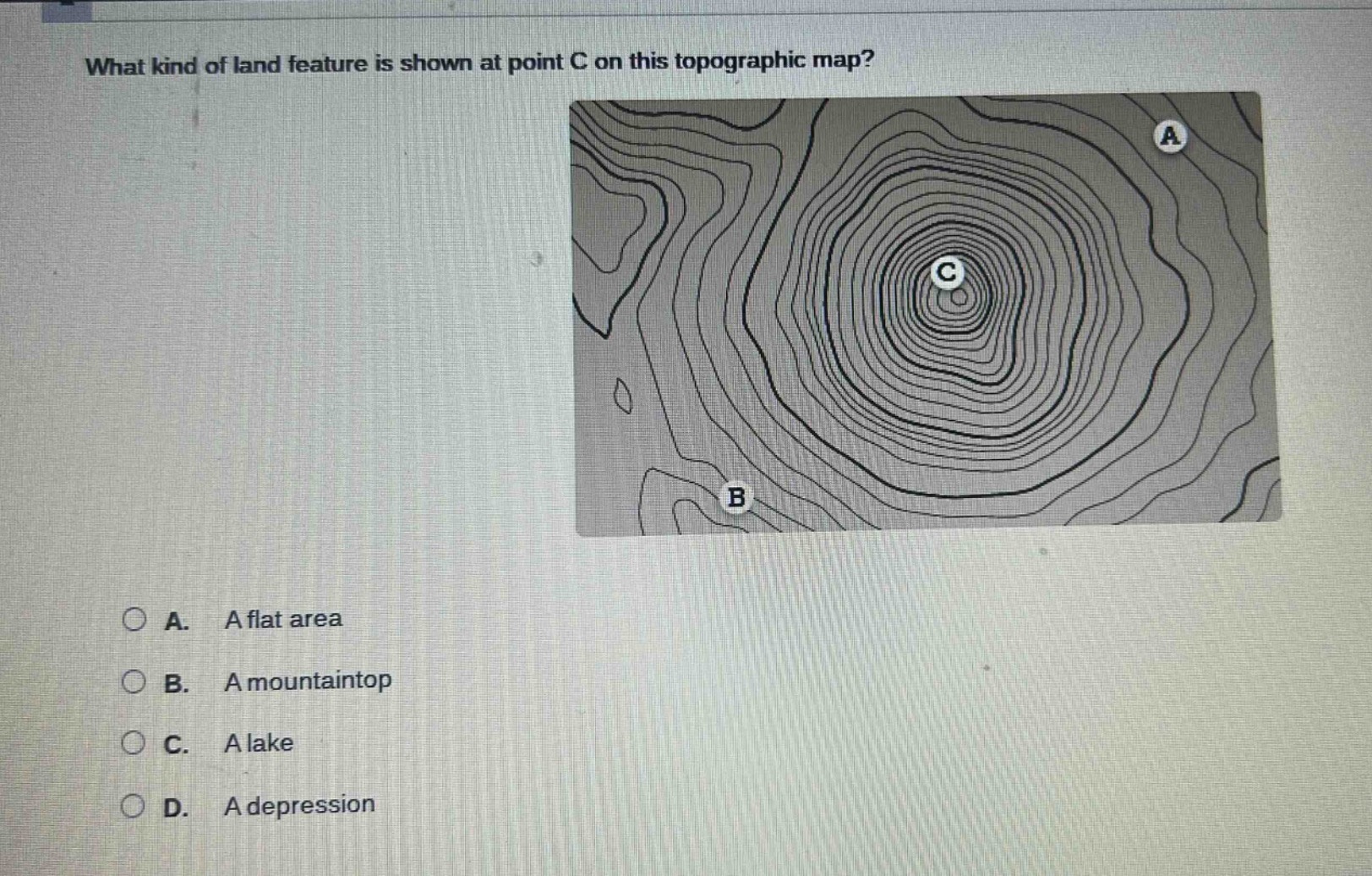 what kind of land feature is shown at point c on this topographic map? …