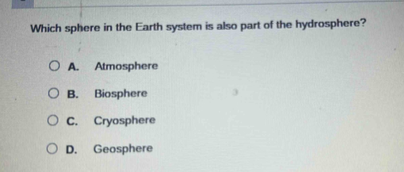which sphere in the earth system is also part of the hydrosphere? a. at…