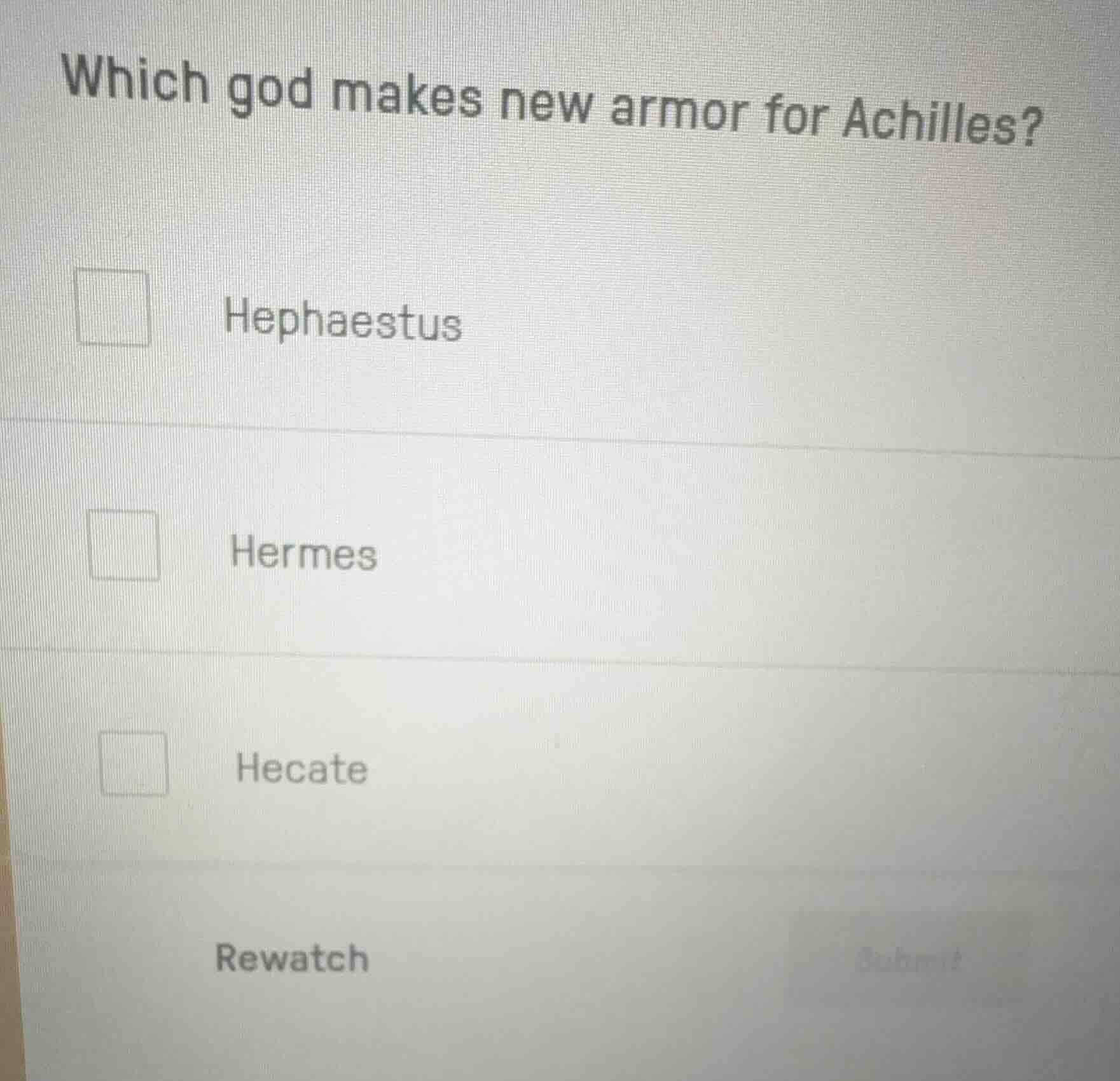which god makes new armor for achilles? hephaestus hermes hecate rewatch