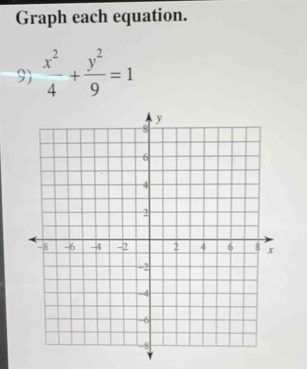graph each equation. 9) $\frac{x^2}{4} + \frac{y^2}{9} = 1$ coordinate …