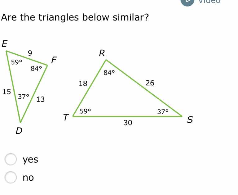 are the triangles below similar? triangle efd with angles: at e: 59°, a…