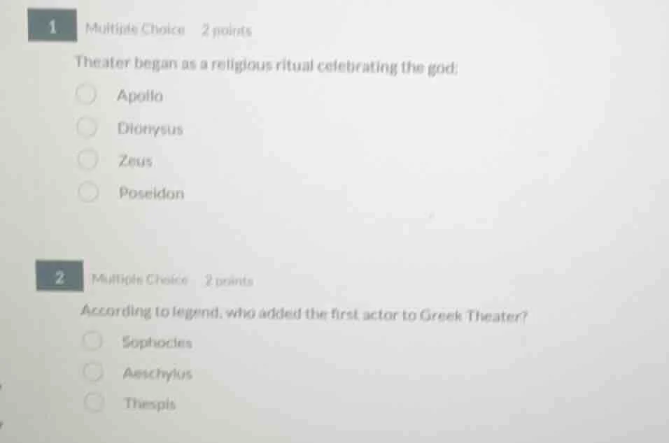 1 multiple choice 2 points theater began as a religious ritual celebrat…
