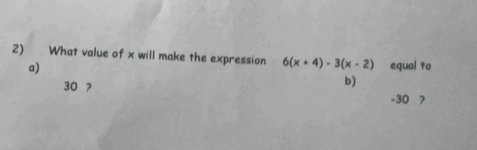 2) a) what value of x will make the expression $6(x + 4) - 3(x - 2)$ eq…