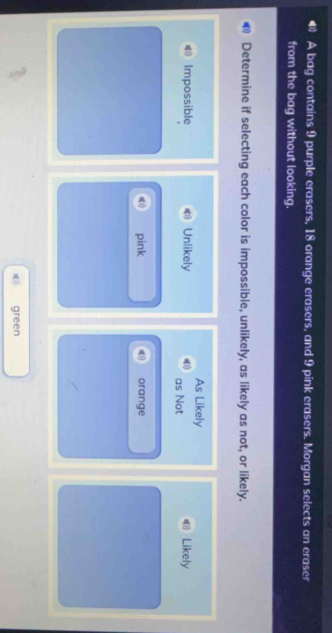 a bag contains 9 purple erasers, 18 orange erasers, and 9 pink erasers.…