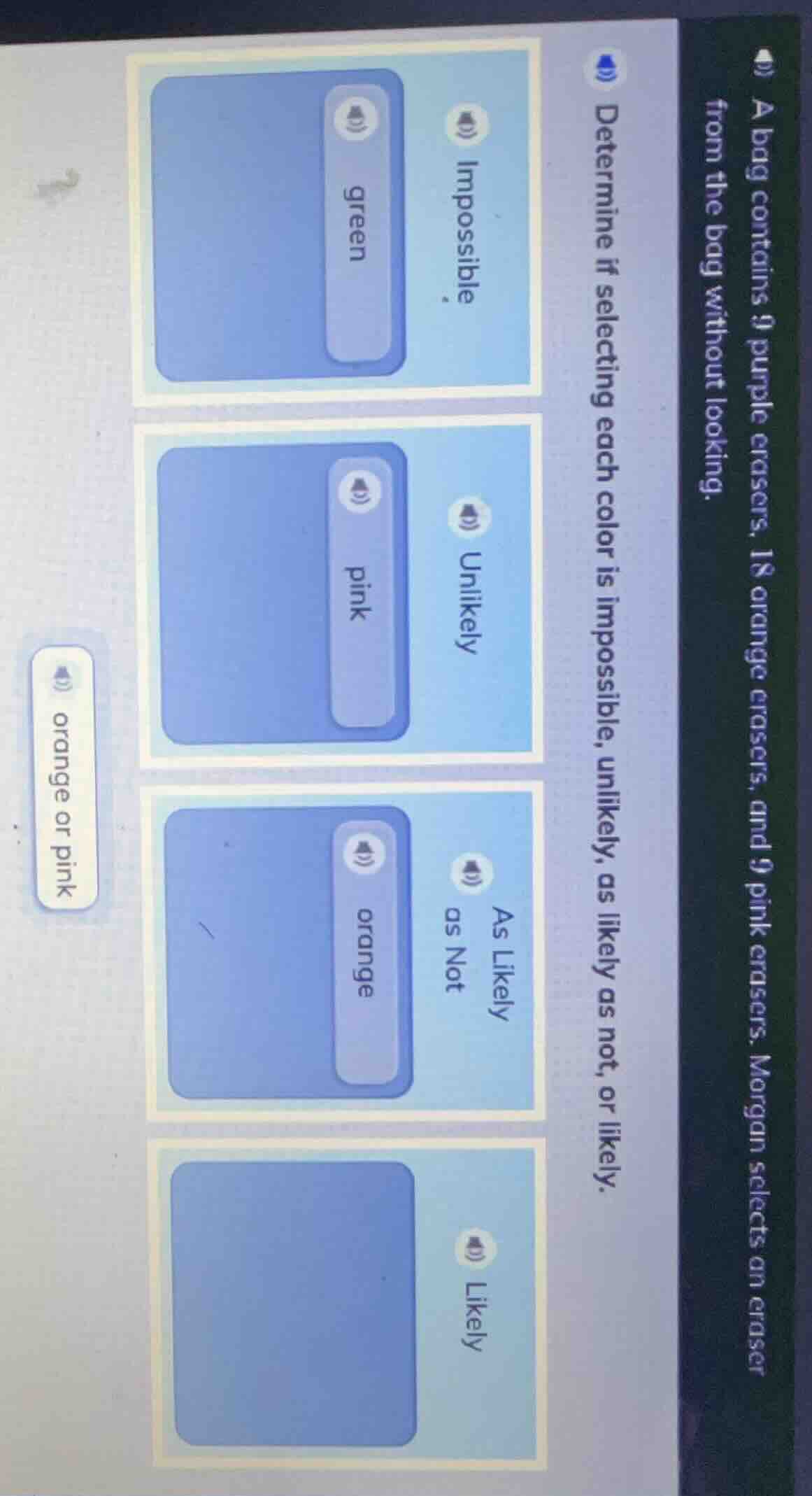 a bag contains 9 purple erasers, 18 orange erasers, and 9 pink erasers.…