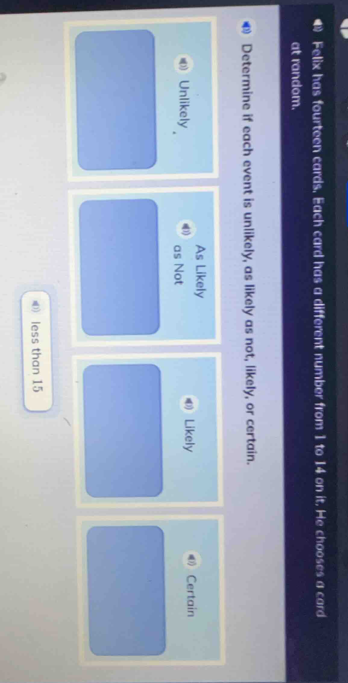 felix has fourteen cards. each card has a different number from 1 to 14…