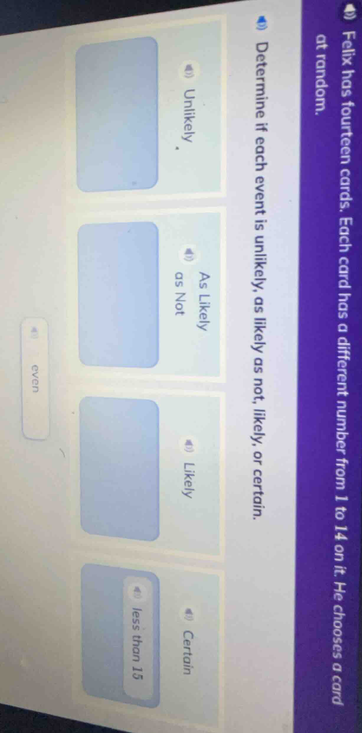 felix has fourteen cards. each card has a different number from 1 to 14…