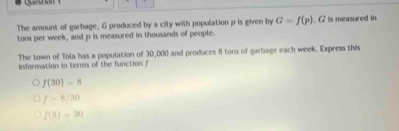 the amount of garbage, g produced by a city with population p is given …